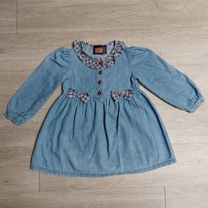 Vintage Denim Dress Red White Blue Plaid Buttons Bows and Ruffle Trim